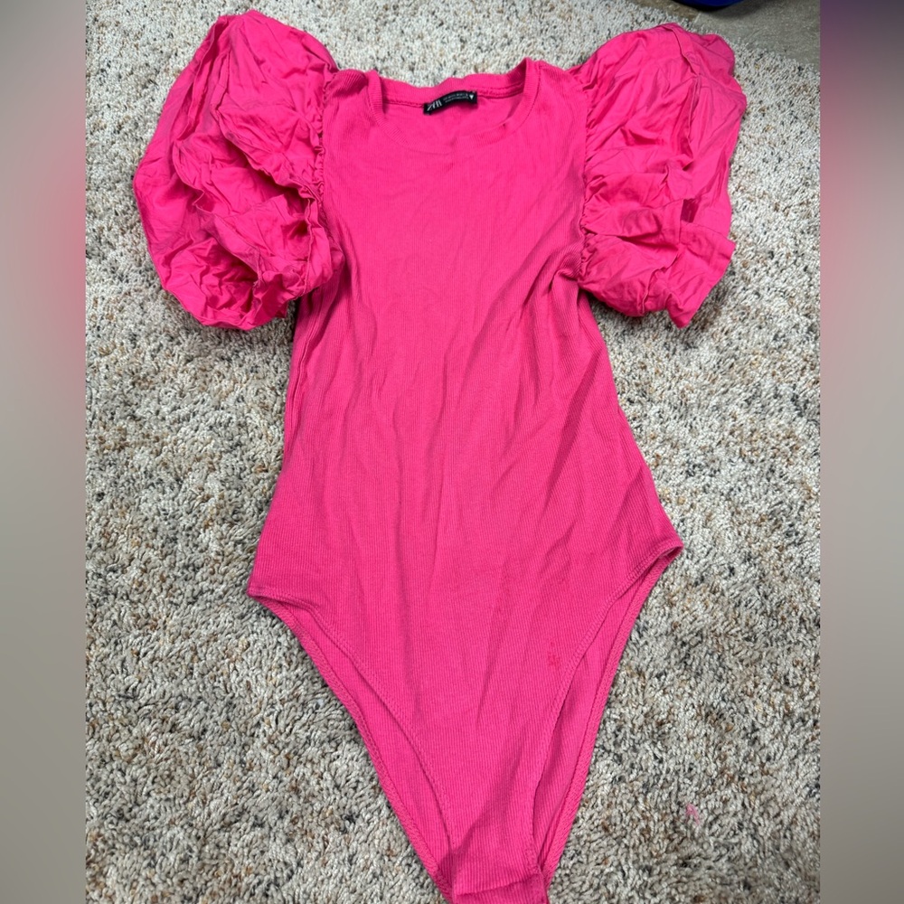Zara Hot Pink Puff Sleeve Bodysuit